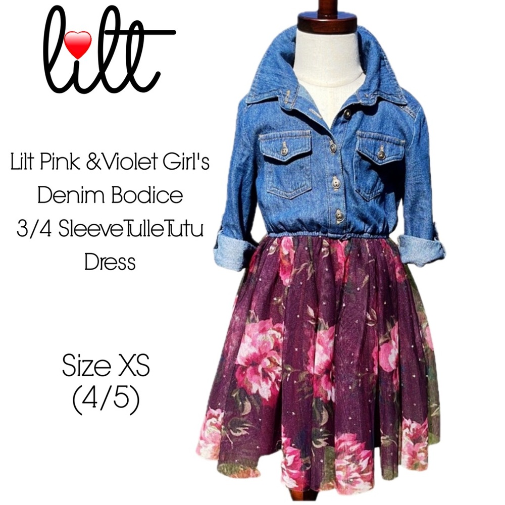 Lilt Pink & Violet Girls' Denim Bodice 3/4 Sleeve Tulle Tutu Dress